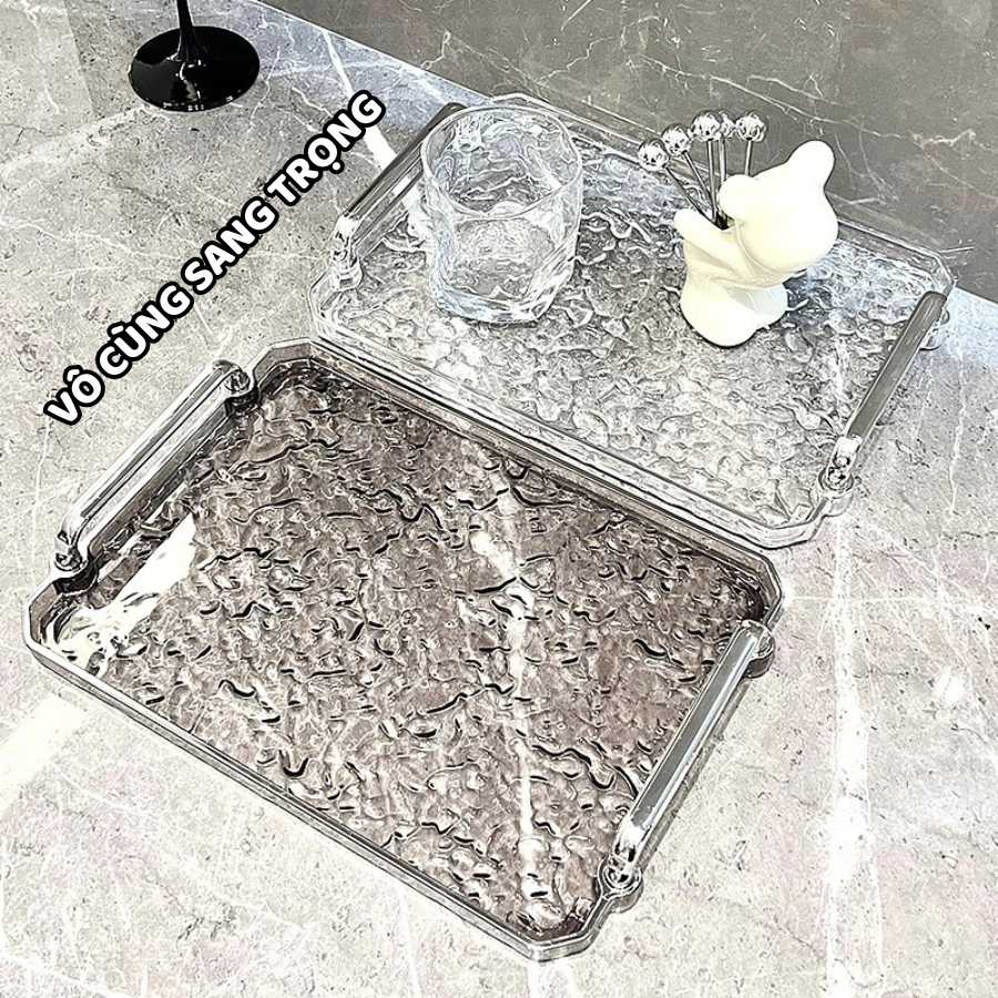 Khay Đựng Đồ Trong Suốt Nhựa Acrylic Cứng Cáp, Khay Úp Ly Cốc Có Tay Cầm Mạ Bạc Decor Siêu Đẹp