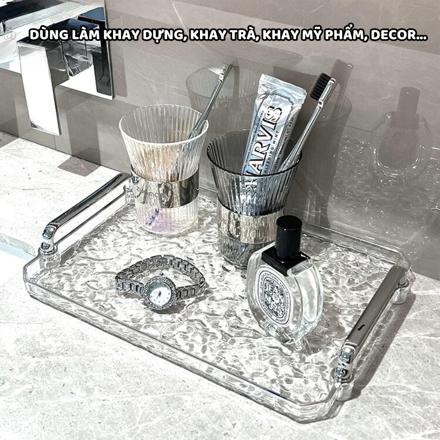 Khay Đựng Đồ Trong Suốt Nhựa Acrylic Cứng Cáp, Khay Úp Ly Cốc Có Tay Cầm Mạ Bạc Decor Siêu Đẹp