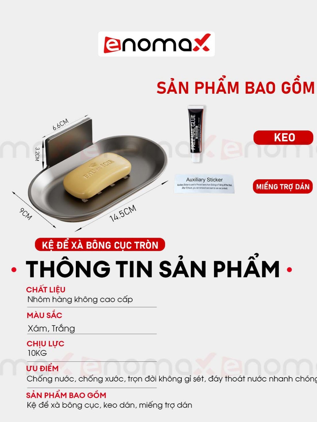 Ảnh Kệ đựng xà phòng cục Enomax phòng tắm tiện lợi, chất liệu nhôm hàng không, bảo hành 10 năm (Eno 0174) 2