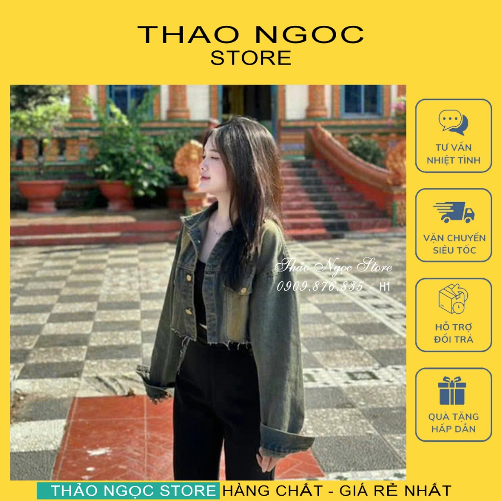 Áo khoác jean nữ croptop tay dài rách line 2 túi nắp hàng chuẩn! (có ...