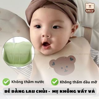 Yếm gấu ăn dặm chính hãng Mily nhiều màu có máng hứng rộng cho bé.