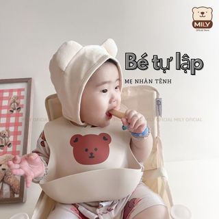 Yếm gấu ăn dặm chính hãng Mily nhiều màu có máng hứng rộng cho bé.