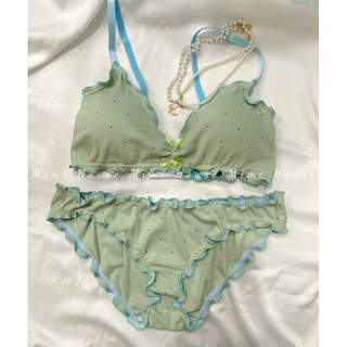 (Tặng mút )Set đồ lót, áo bra cotton viền bèo tone xanh chấm bi - handmade by Mimi house