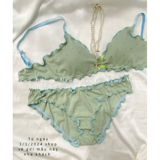 (Tặng mút )Set đồ lót, áo bra cotton viền bèo tone xanh chấm bi - handmade by Mimi house