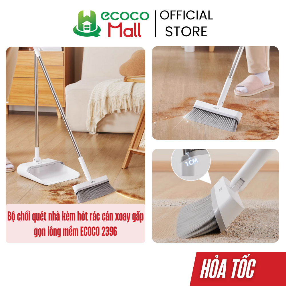 Bộ chổi quét nhà ECOCO kèm hót rác gấp gọn cán dài thông minh, xoay 360 ...