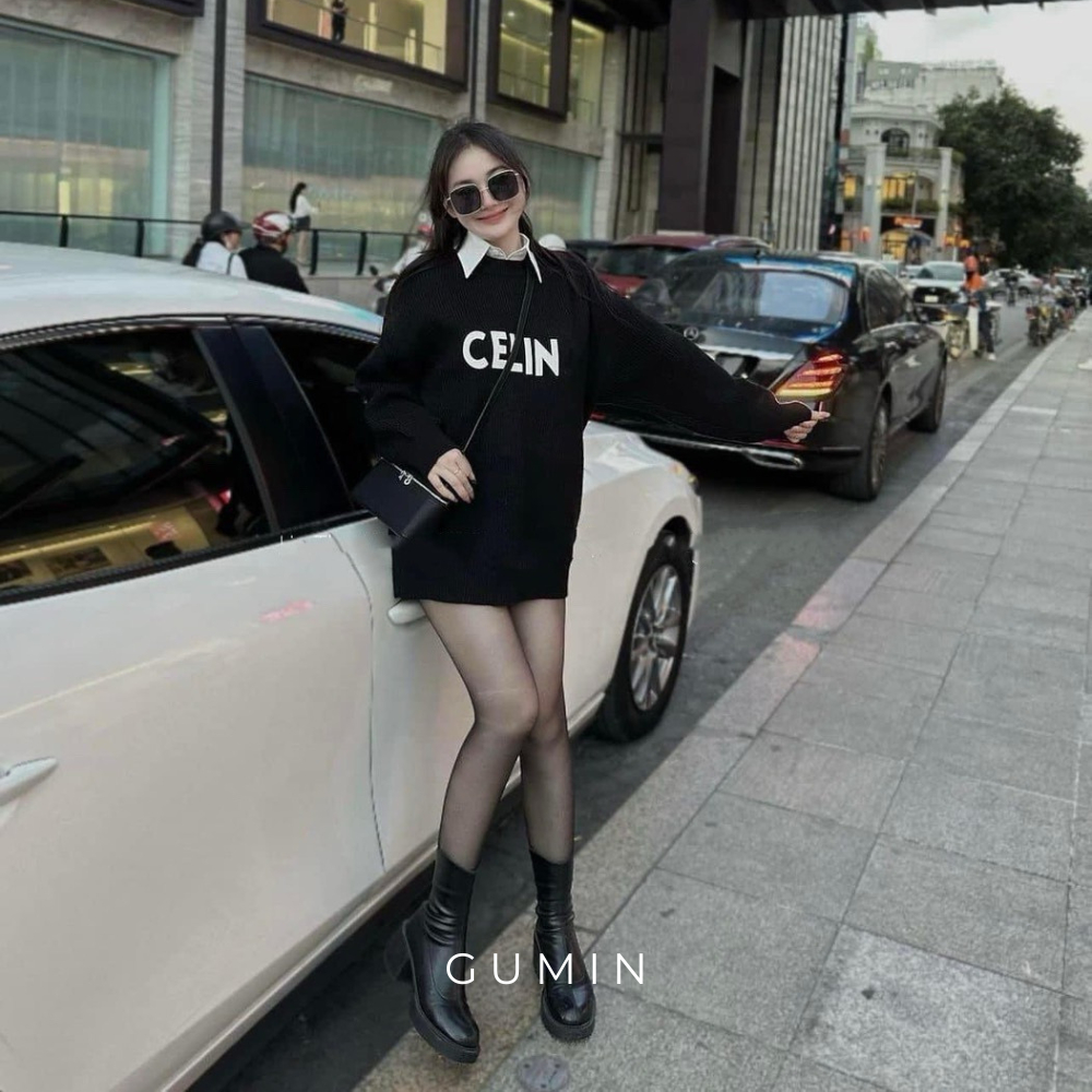 Áo len nữ sơ mi GUMIN phối chữ cá tính sang chảnh, Áo thu đông nữ dài tay cổ bẻ trẻ đẹp