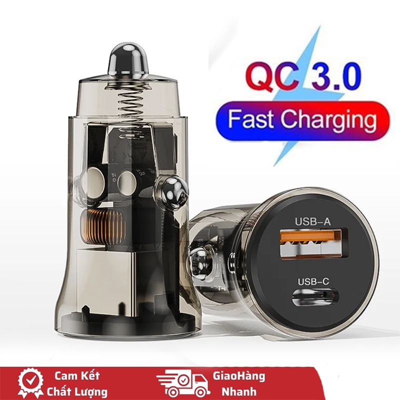 Tẩu Sạc Ô Tô 2 Cổng Type-C/USB Mini 3.0 PD cho ô tô xe hơi Sạc Nhanh Quick Charge chống cháy nổ  thích hợp cho iP Huawei