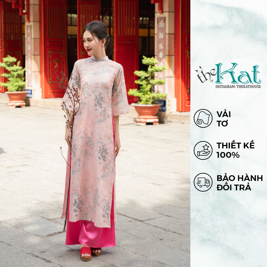 Áo Dài Mộc Viên The Kat House (không kèm quần), chất tơ ánh thêu nổi bên trong lót lụa cao cấp, dáng suông