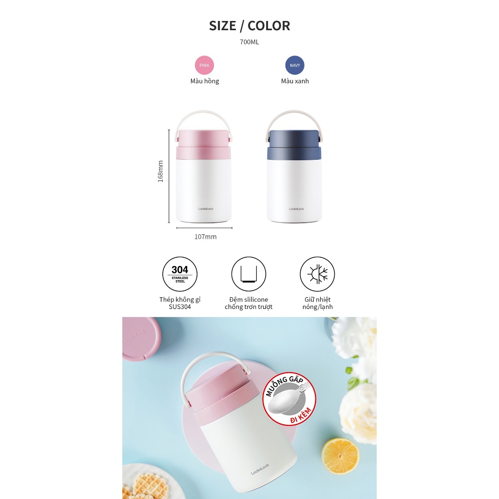 Hộp cơm giữ nhiệt LocknLock Handle Food Jar LHC8042 Màu Hồng 700ml , 2 ngăn kèm muỗng inox - K-MALL
