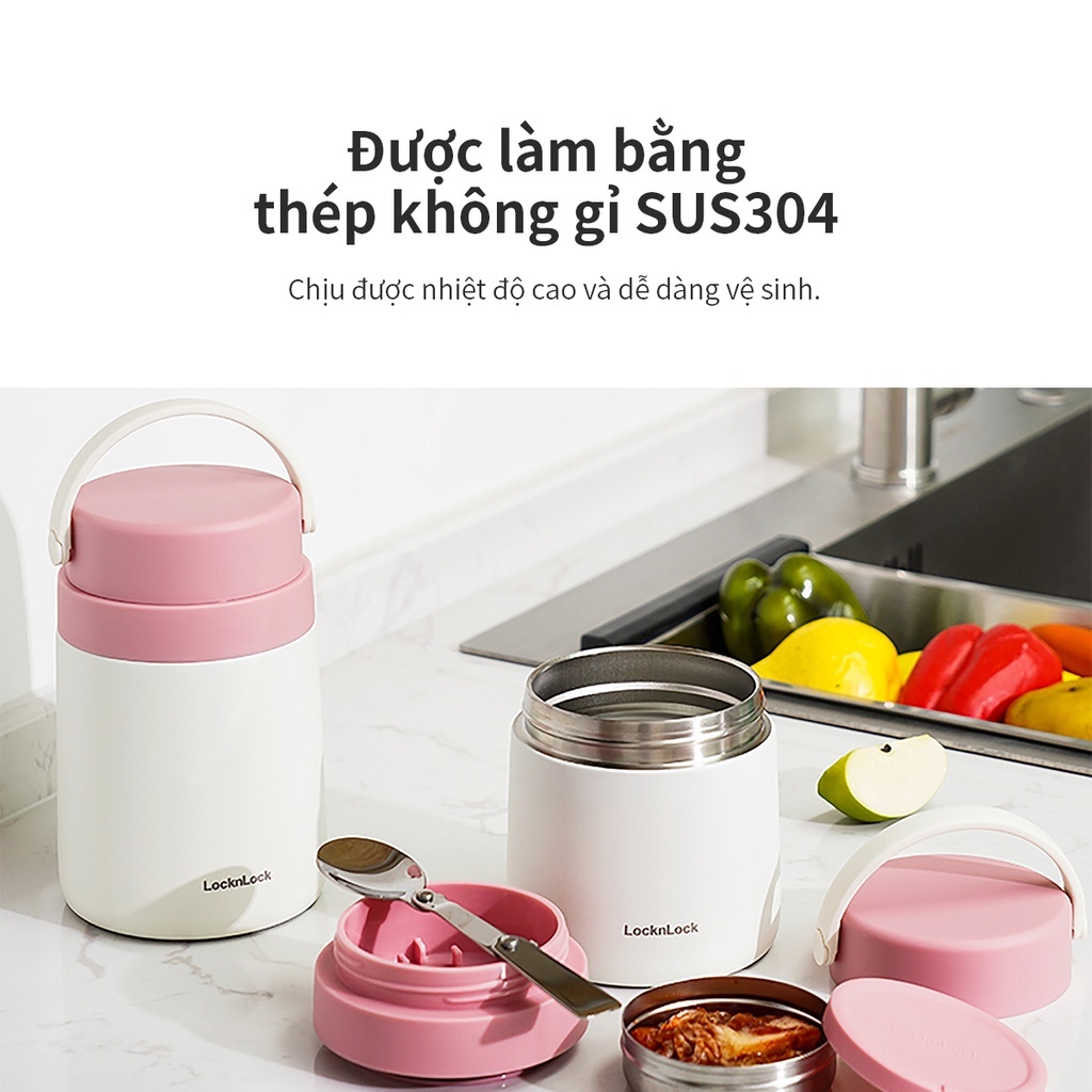 Hộp cơm giữ nhiệt LocknLock Handle Food Jar LHC8042 Màu Hồng 700ml , 2 ngăn kèm muỗng inox - K-MALL