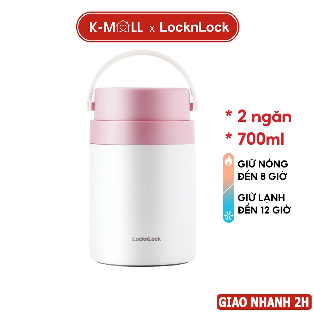 Hộp cơm giữ nhiệt LocknLock Handle Food Jar LHC8042 Màu Hồng 700ml , 2 ngăn kèm muỗng inox - K-MALL