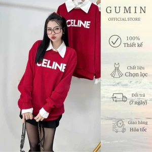 Áo len nữ sơ mi GUMIN phối chữ cá tính sang chảnh, Áo thu đông nữ dài tay cổ bẻ trẻ đẹp
