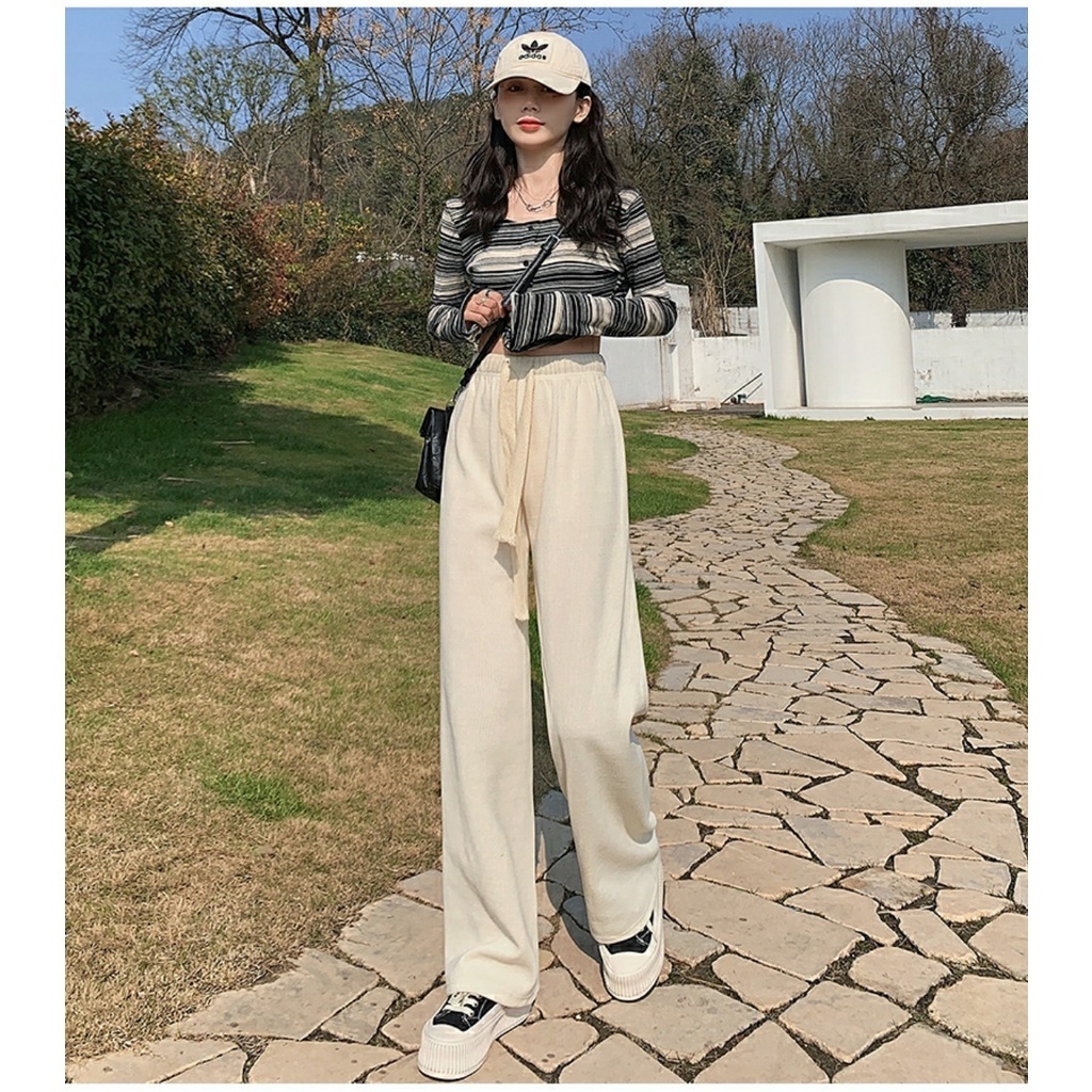 Quần ống suông nữ nỉ tăm mẫu mới độc đáo, quần ống rộng mặc ấm trẻ trung năng động m909