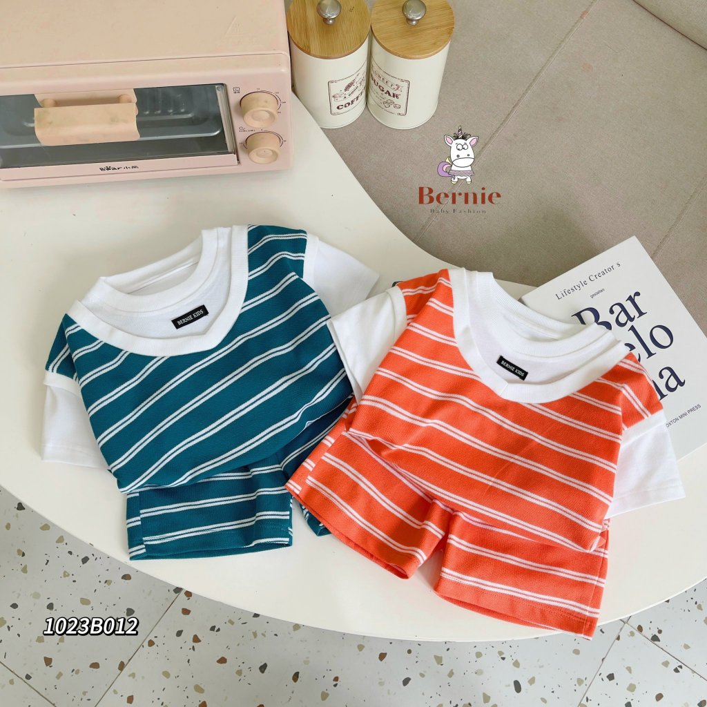 Bộ cotton cá sấu cộc tay phối kẻ cho bé, bộ thun phối gile cá tính Bernie