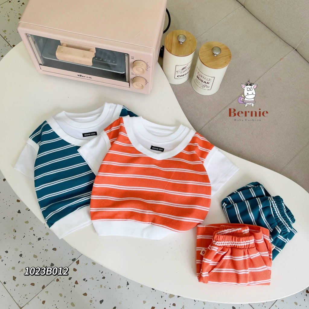 Bộ cotton cá sấu cộc tay phối kẻ cho bé, bộ thun phối gile cá tính Bernie