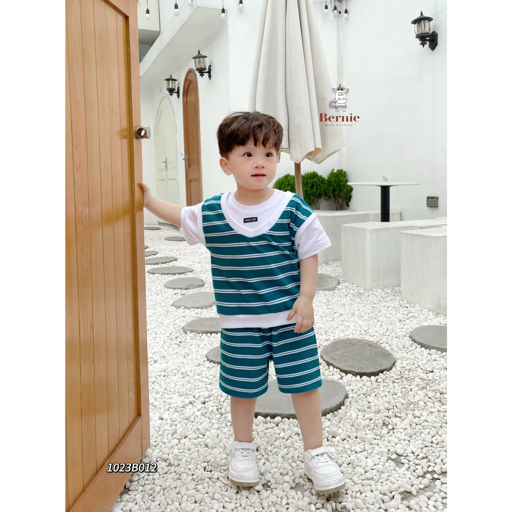 Bộ cotton cá sấu cộc tay phối kẻ cho bé, bộ thun phối gile cá tính Bernie