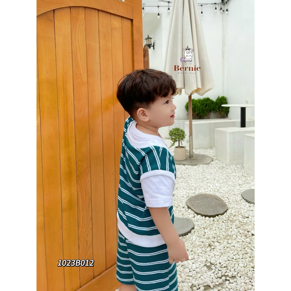 Bộ cotton cá sấu cộc tay phối kẻ cho bé, bộ thun phối gile cá tính Bernie
