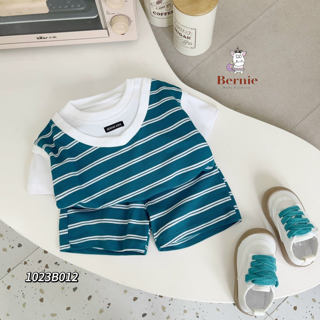 Bộ cotton cá sấu cộc tay phối kẻ cho bé, bộ thun phối gile cá tính Bernie
