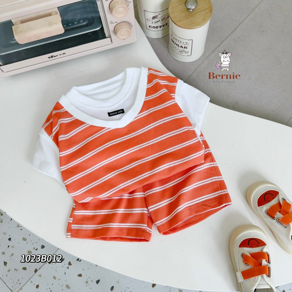 Bộ cotton cá sấu cộc tay phối kẻ cho bé, bộ thun phối gile cá tính Bernie