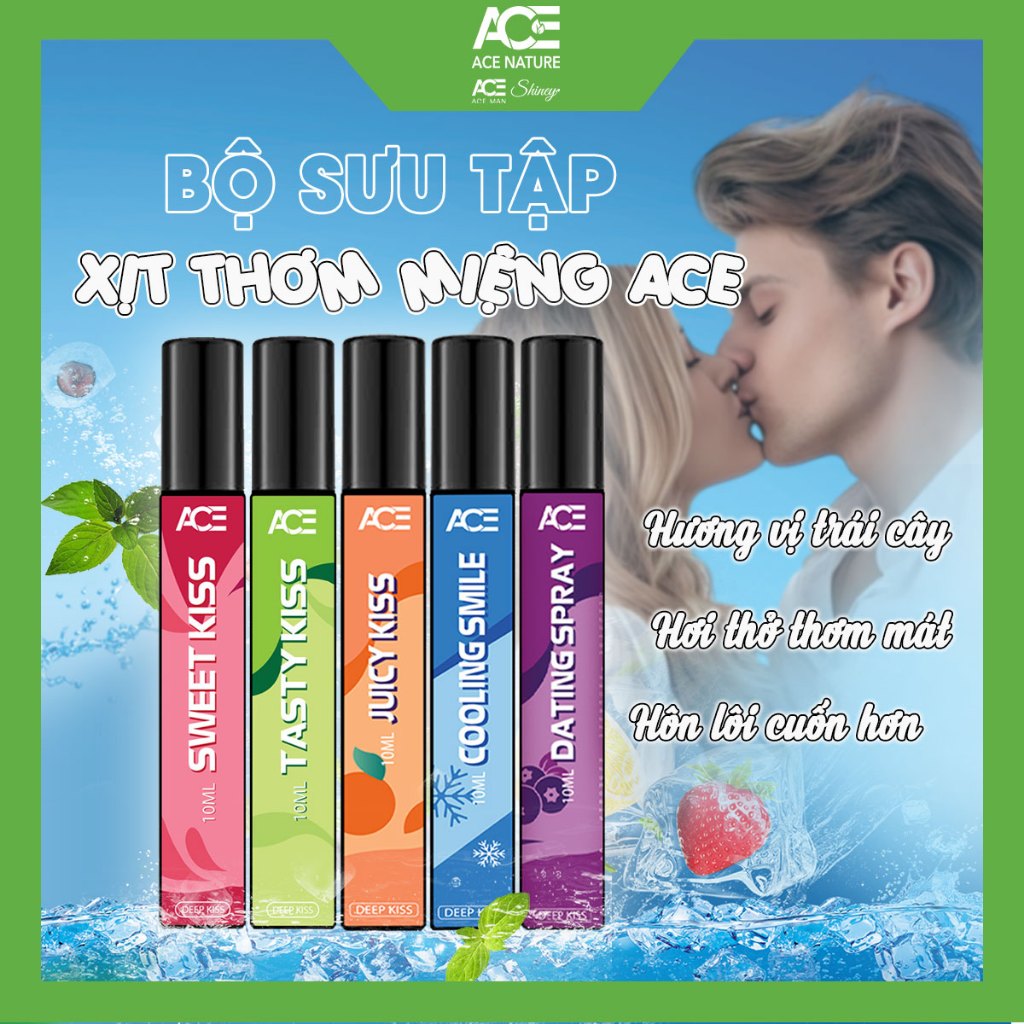 Xịt thơm miệng ACE Deep Kiss cho nam và nữ 10ml với 5 hương vị trái cây tự nhiên the mát khử mùi tức thì