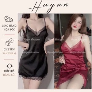 HT138 Váy ngủ sexy phối ren dáng suông đơn giản, đồ ngủ lụa dáng suông gợi cảm HT138