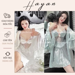 HT446 Set váy ngủ và áo choàng sexy phối ren tay loe gợi cảm, đồ ngủ lụa quyến rũ HT446 (133a+236)