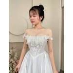 Váy Phi Đi Bàn, Đi Tiệc Cô Dâu Dáng Suông Eo Nhọn, Chất Phi Nhật Thân Cúp Ngực Có Vai Trễ Cao Cấp — ảnh 4