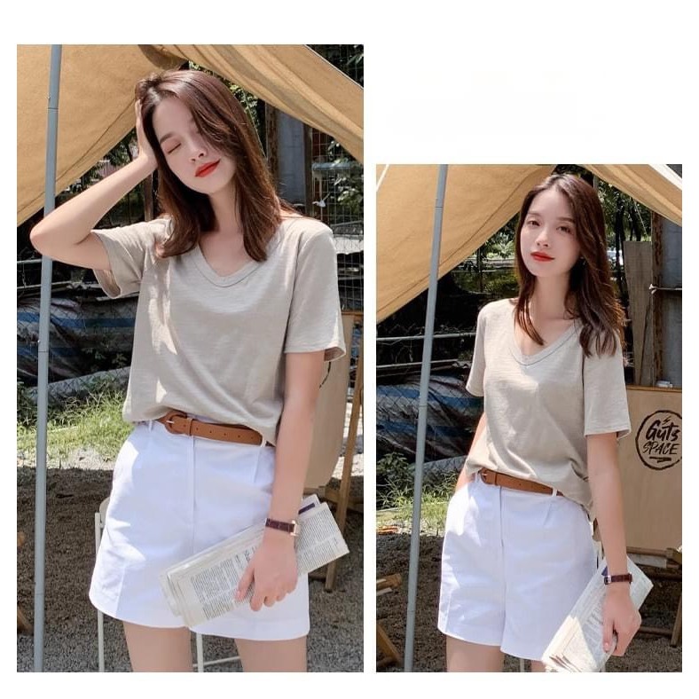 Áo thun nữ cổ tim tay ngắn,Áo thun chất Cotton xược, thun giấy nữ cổ V JULY