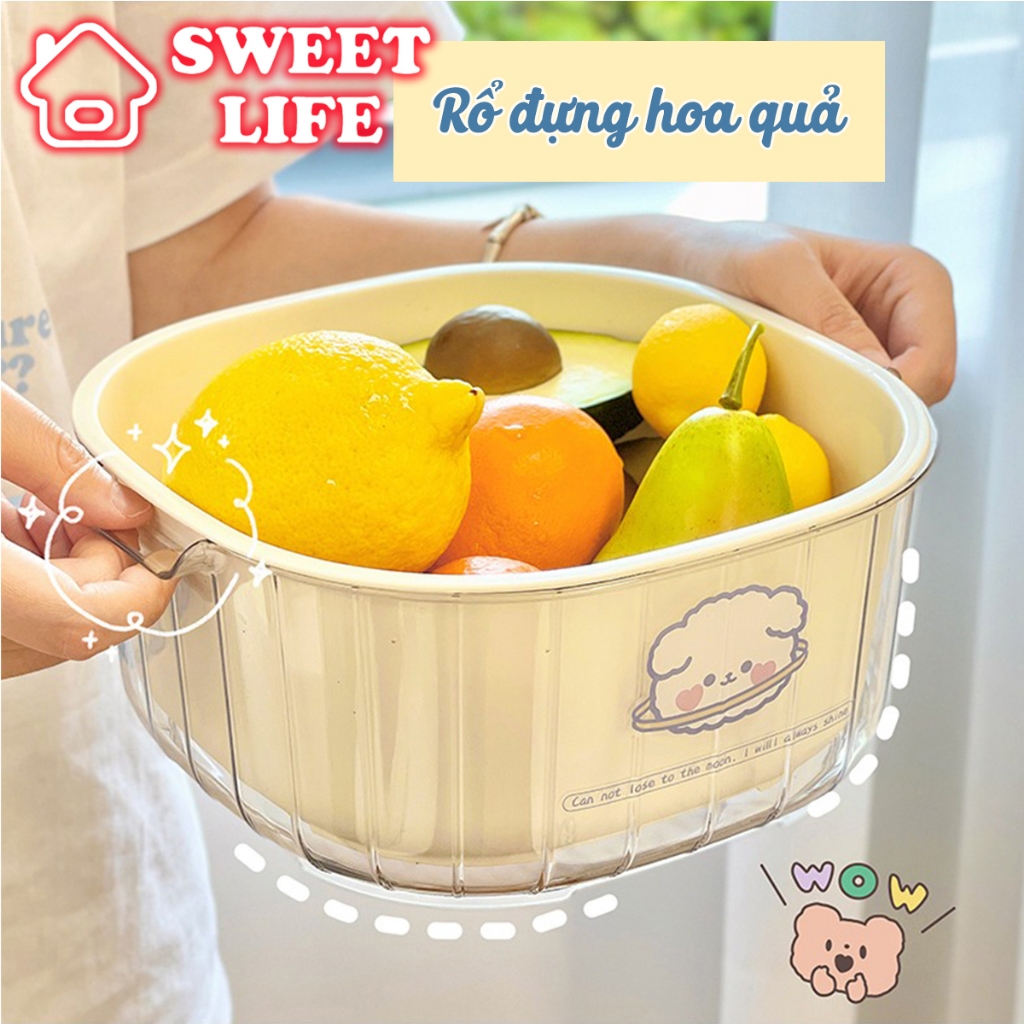 Rổ nhựa rửa rau củ quả kèm chậu 2 lớp trong suốt sticker cún con dễ ...