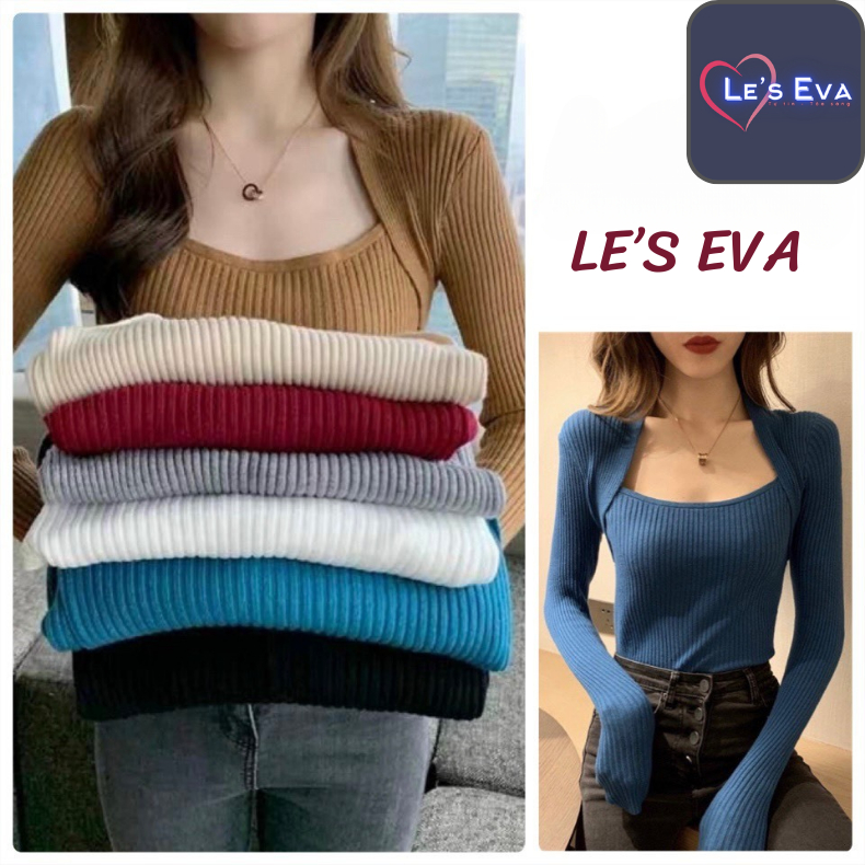 Áo lên nữ cổ vuông tay dài len gân tăm dáng ôm body sang chảnh quyến rũ  kiểu Hàn Quốc AL04 - LEEVA OFFICIAL