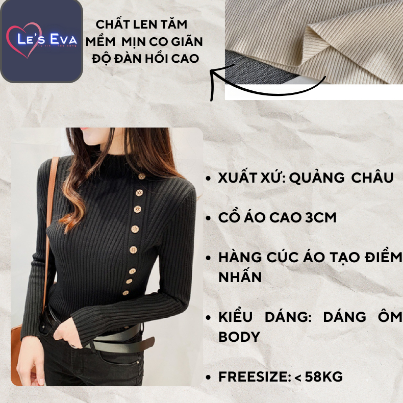 Áo Len Nhung Dài Tay ôm body Cổ 3P Cúc Đẹp, Áo len dệt kim cổ lọ Phá Cách ôm body Thu Đông  AL06 - LEEVA OFFICIAL