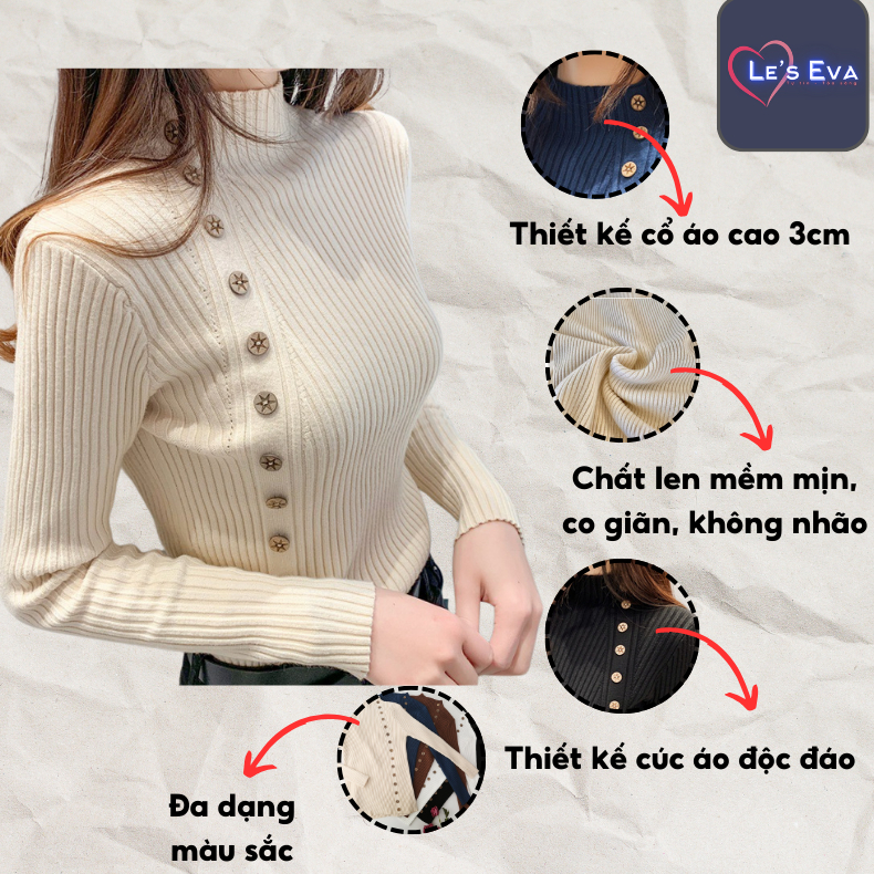 Áo Len Nhung Dài Tay ôm body Cổ 3P Cúc Đẹp, Áo len dệt kim cổ lọ Phá Cách ôm body Thu Đông  AL06 - LEEVA OFFICIAL