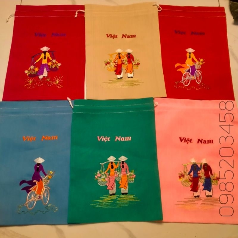 Túi vải cotton dây rút thêu cô gái áo dài Việt Nam, hoa xinh các size ...