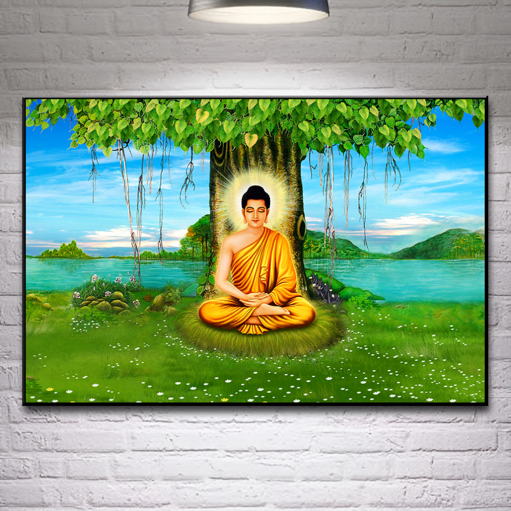 Tranh Đức phật Thích Ca Mâu Ni ngồi thiền dưới gốc cây Bồ Đề. Chất liệu