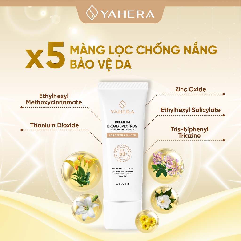 Kem chống nắng phổ rộng nâng tone 6 màng lọc chống nắng YAHERA Premium Sun Cream Broad Spectrum SPF50+ PA++++ 50g