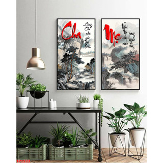 Tranh Treo Tường Chữ Thư Pháp Cha Mẹ (50x100cmx2) - Tranh Laminate Tráng Gương