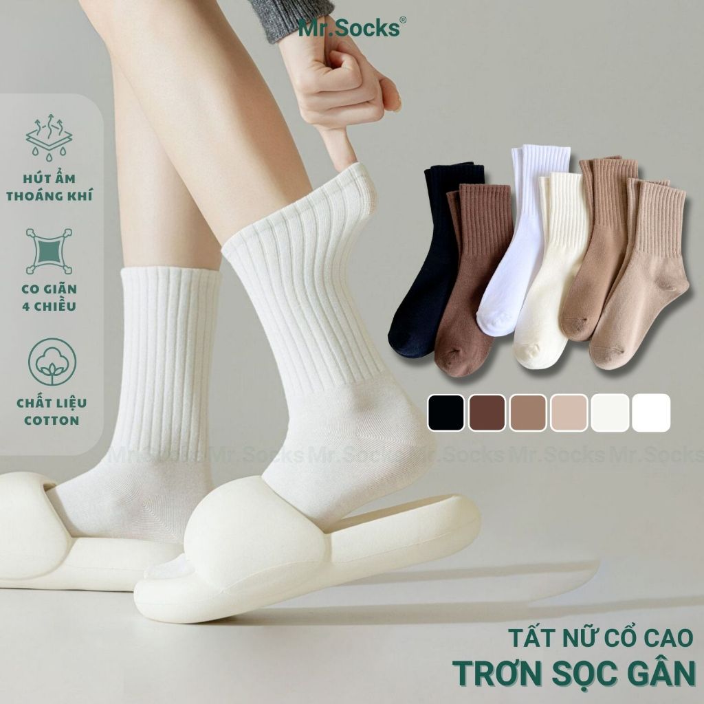 Tất nữ cổ cao Mr.Socks mẫu sọc gân, vớ cổ cao trơn màu chất vải co giãn 4 chiều, dày dặn thoáng khí - OAS-1701-1DOI