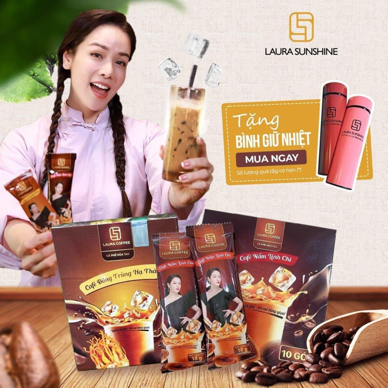 (Kèm Quà ) Combo 10 Hộp Laura Cafe Nhật Kim Anh 2 Vị Nấm Linh Chi  và Đông Trùng Hạ Thảo Hộp 10 gói