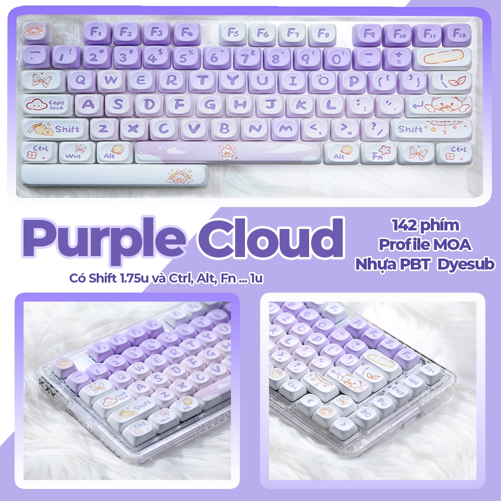 Keycap MOA profile, nhựa PBT in Dyesub 142 phím Purple Cloud, Panda ...