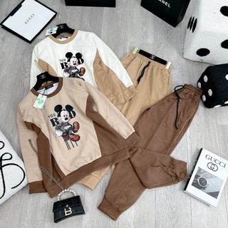 Set Bộ Đồ Mickey Phối Nâu Áo Nỉ 2 Da Dài Tay Phối Màu Mix Quần Dài Boom Gấu Freesize