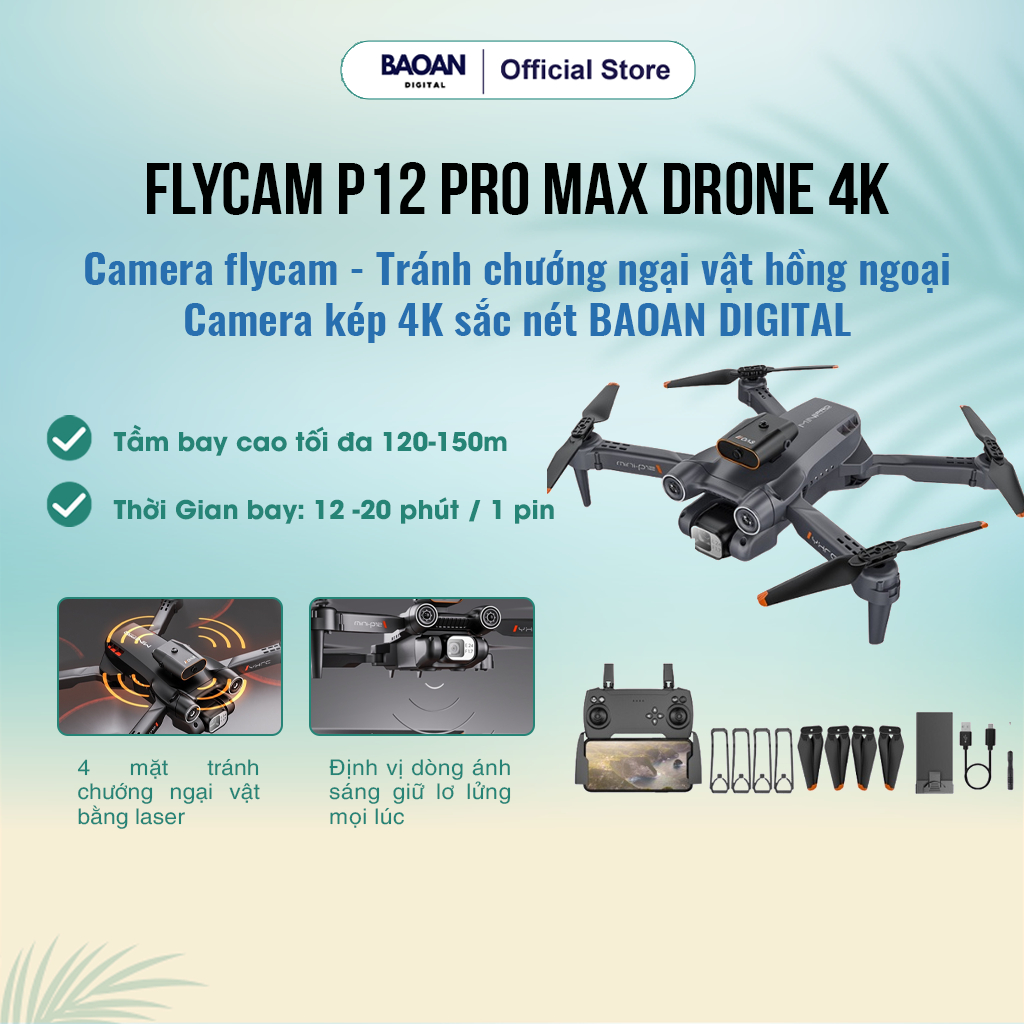 Flycam P12 Pro Max DRONE 4K camera flycam - Tránh chướng ngại vật hồng ...