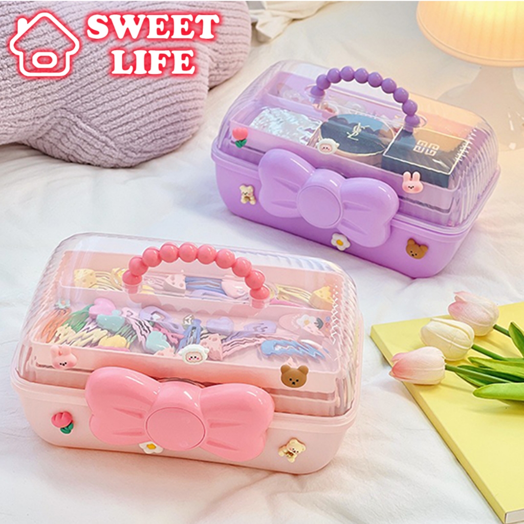 Hộp đựng phụ kiện trang sức kẹp tóc 3 tầng hình nơ cho bé gái - Hộp đựng đồ đa năng tặng sticker dễ thương