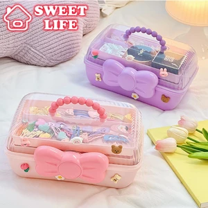 Hộp đựng phụ kiện trang sức kẹp tóc 3 tầng hình nơ cho bé gái - Hộp đựng đồ đa năng tặng sticker dễ thương