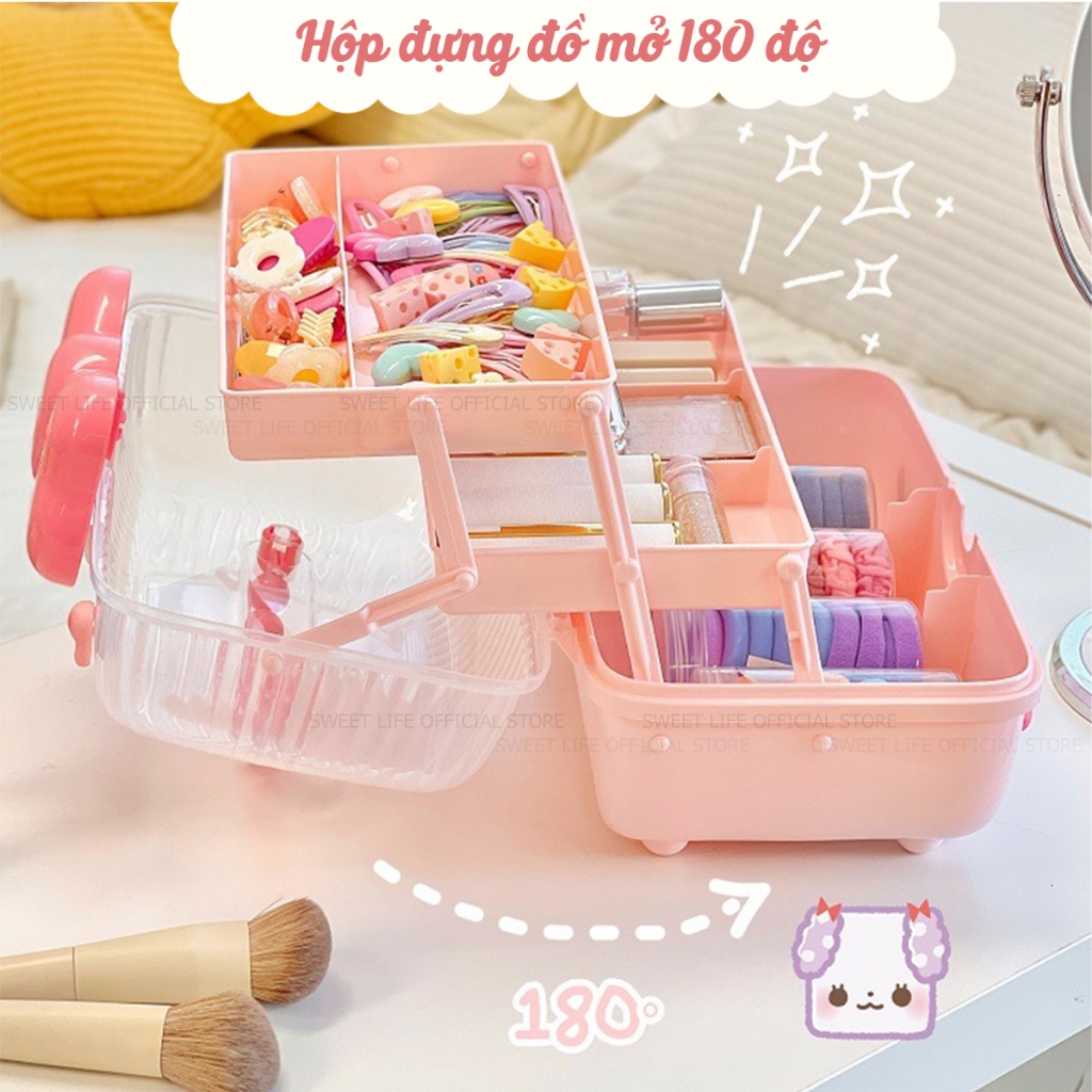 Hộp đựng phụ kiện trang sức kẹp tóc 3 tầng hình nơ cho bé gái - Hộp đựng đồ đa năng tặng sticker dễ thương