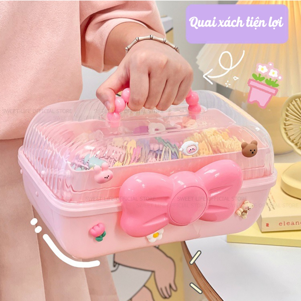 Hộp đựng phụ kiện trang sức kẹp tóc 3 tầng hình nơ cho bé gái - Hộp đựng đồ đa năng tặng sticker dễ thương