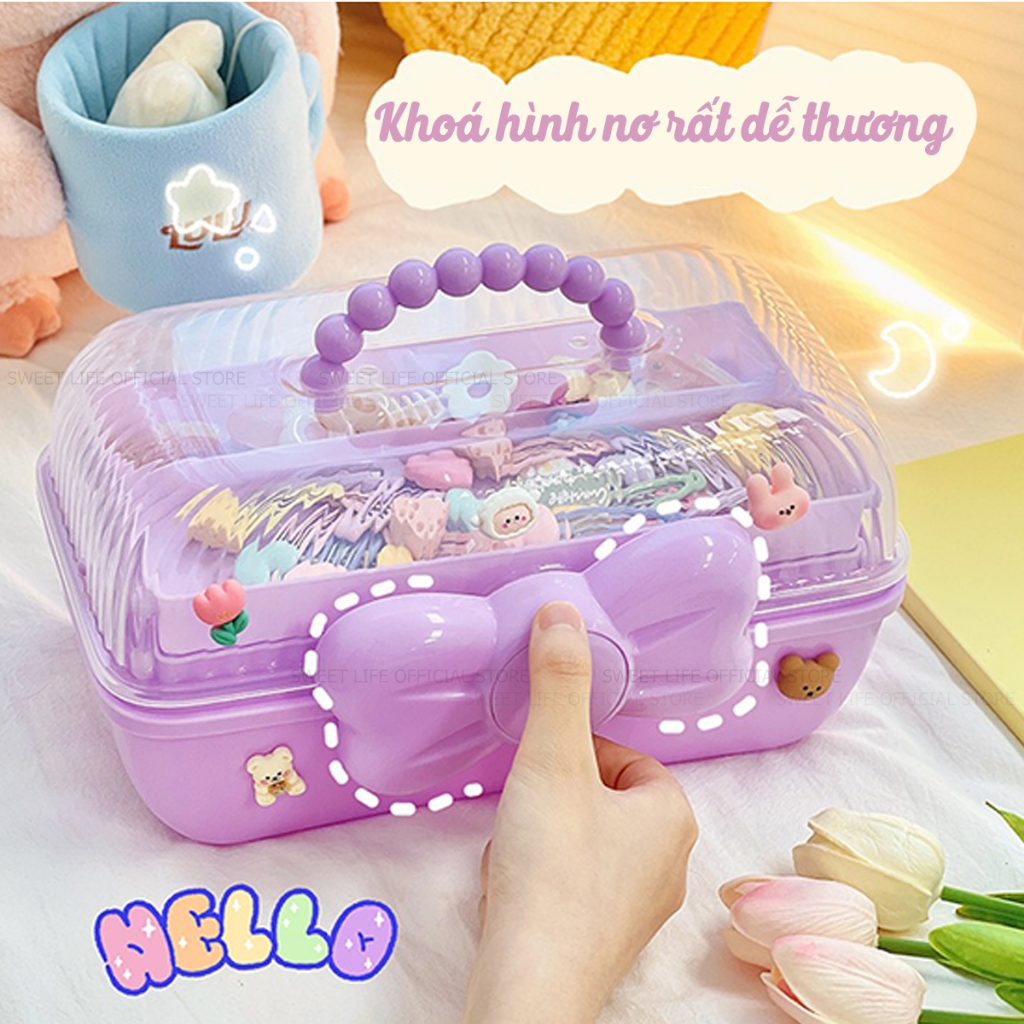 Hộp đựng phụ kiện trang sức kẹp tóc 3 tầng hình nơ cho bé gái - Hộp đựng đồ đa năng tặng sticker dễ thương