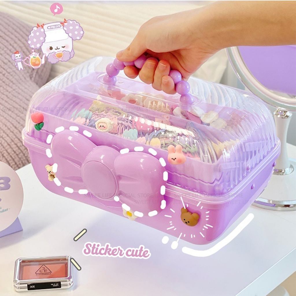Hộp đựng phụ kiện trang sức kẹp tóc 3 tầng hình nơ cho bé gái - Hộp đựng đồ đa năng tặng sticker dễ thương