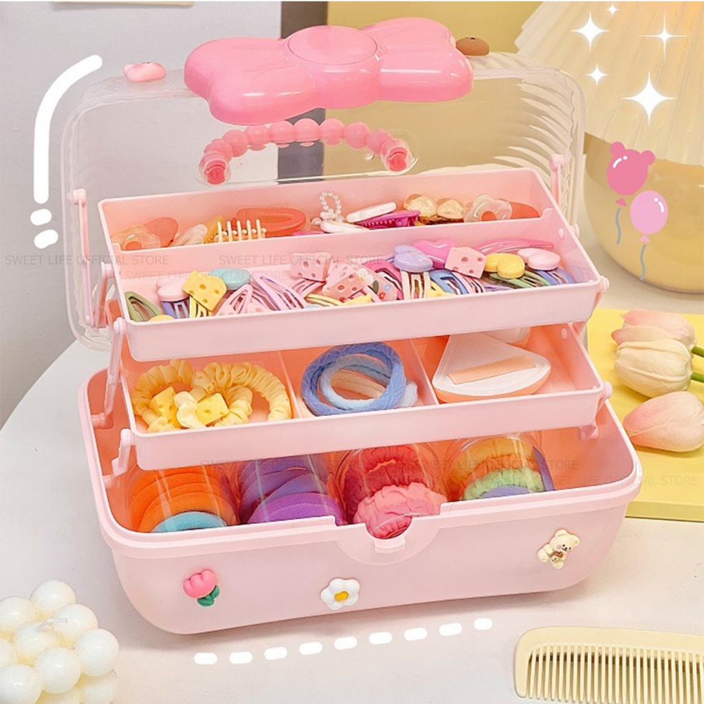 Hộp đựng phụ kiện trang sức kẹp tóc 3 tầng hình nơ cho bé gái - Hộp đựng đồ đa năng tặng sticker dễ thương