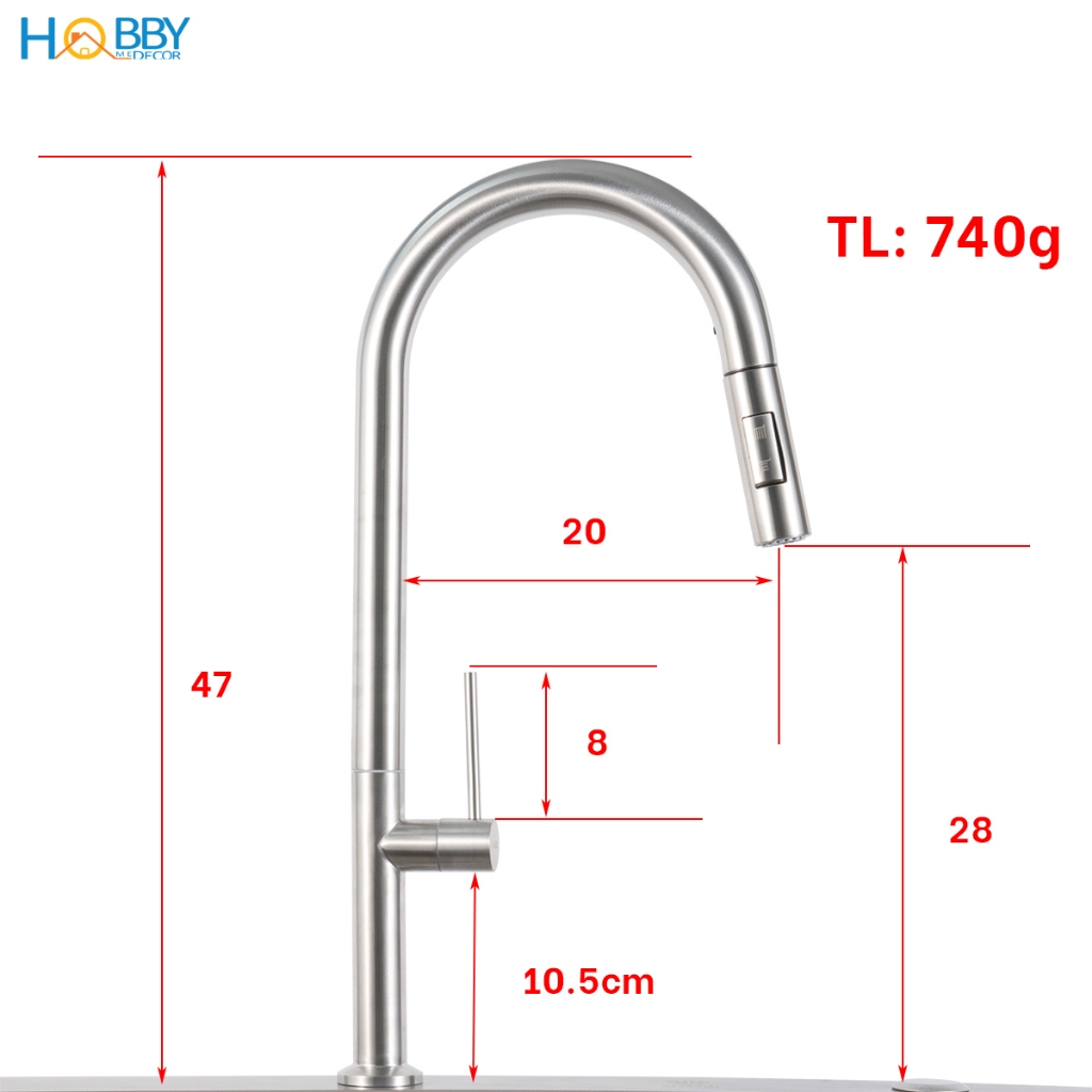 Vòi rửa chén bát dây rút lạnh 2 chế độ inox 304 Hobby home decor VDR14