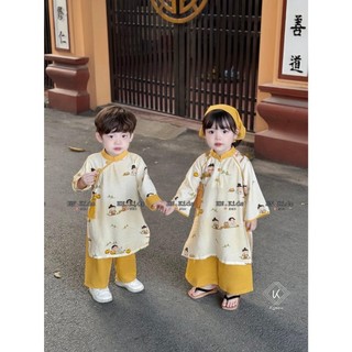 Áo dài cách tân cho bé trai bé gái hoạ tiết baby, áo dài tết 2026 đôi cho bé màu vàng, trắng